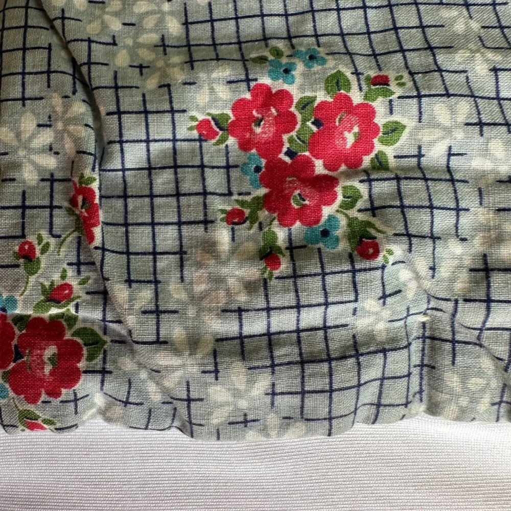 Vtg Quilt Handmade Wool Square Block Wool Cabin Rustic Natural 48x64 Calico Back
